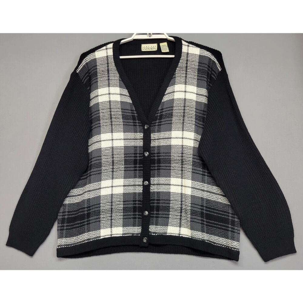 Just For Women Sweater Womens 2X Black White Plaid Button Front Acrylic Cardigan